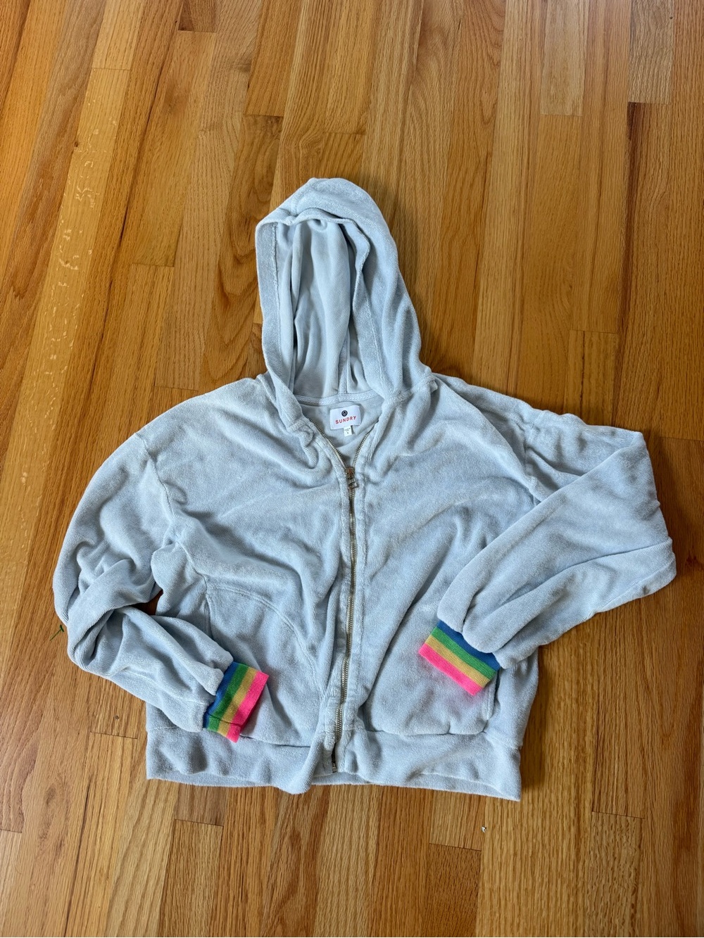 Sundry Light Gray/blue Hooded Zip Jacket with Rainbow Stripe Cuffs